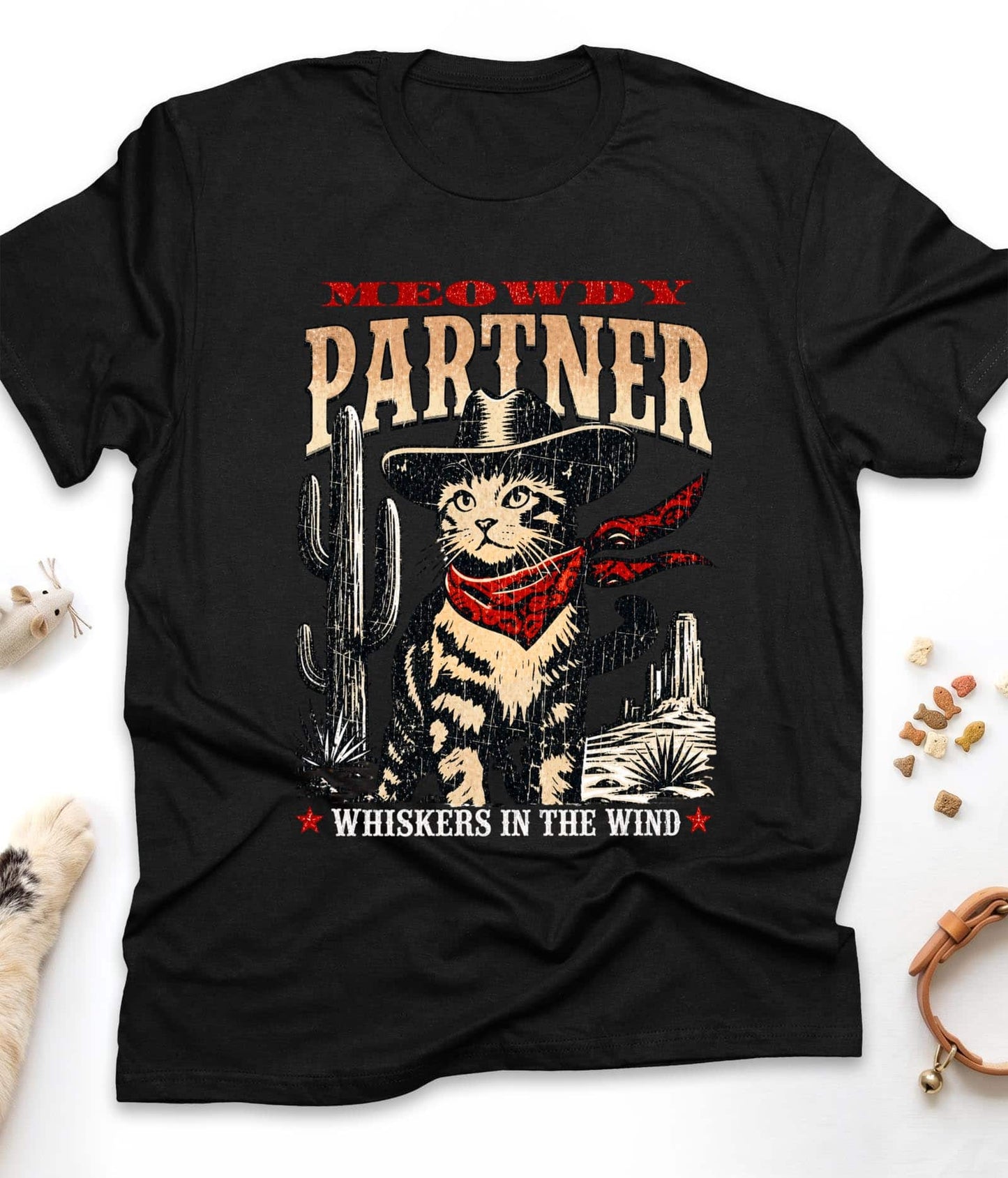 Black funny cat t-shirt with "Meowdy Partner" design, front view