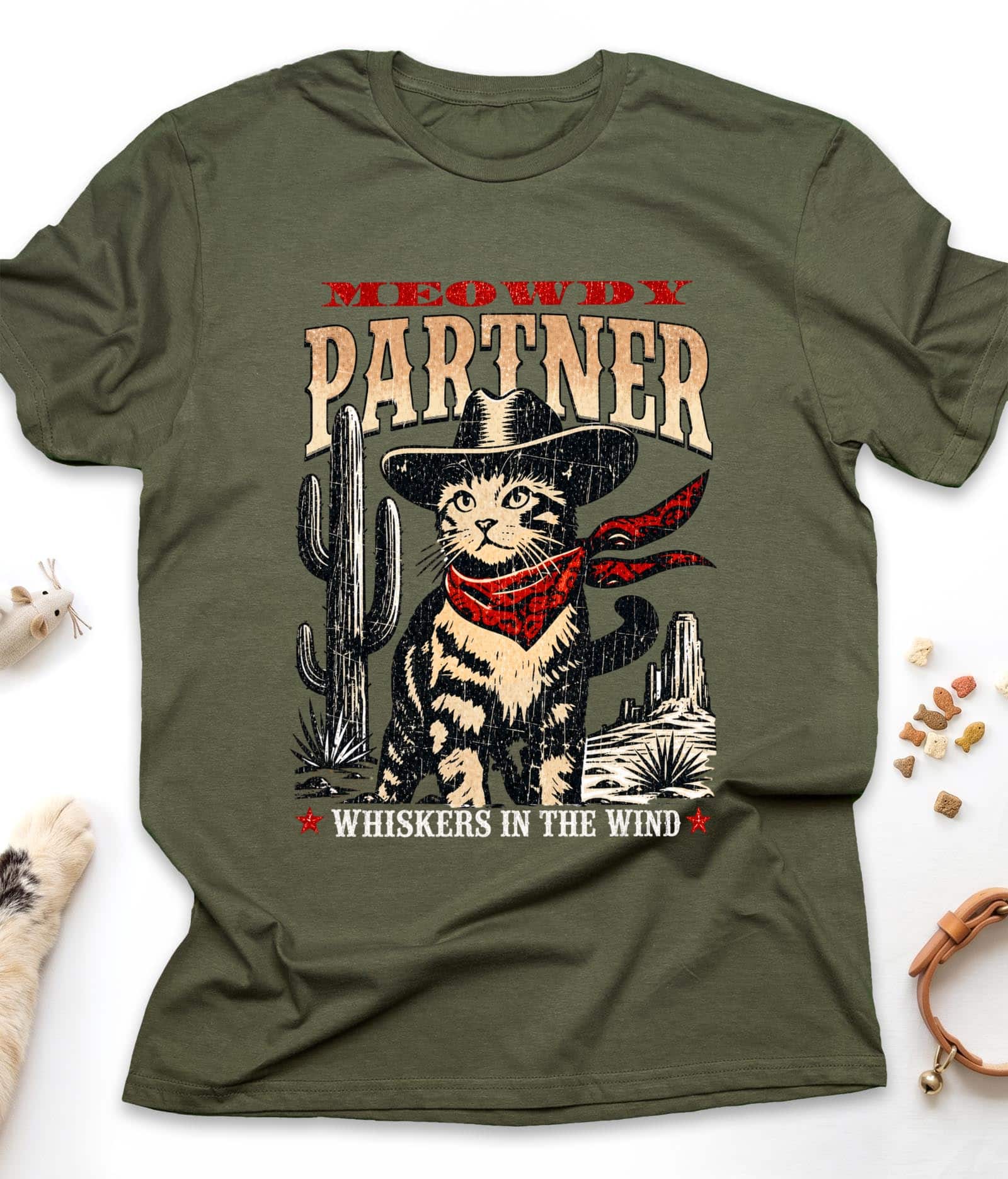Military Green funny cat t-shirt with "Meowdy Partner" design, front view