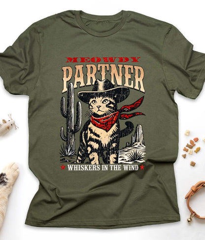 Military Green funny cat t-shirt with "Meowdy Partner" design, front view