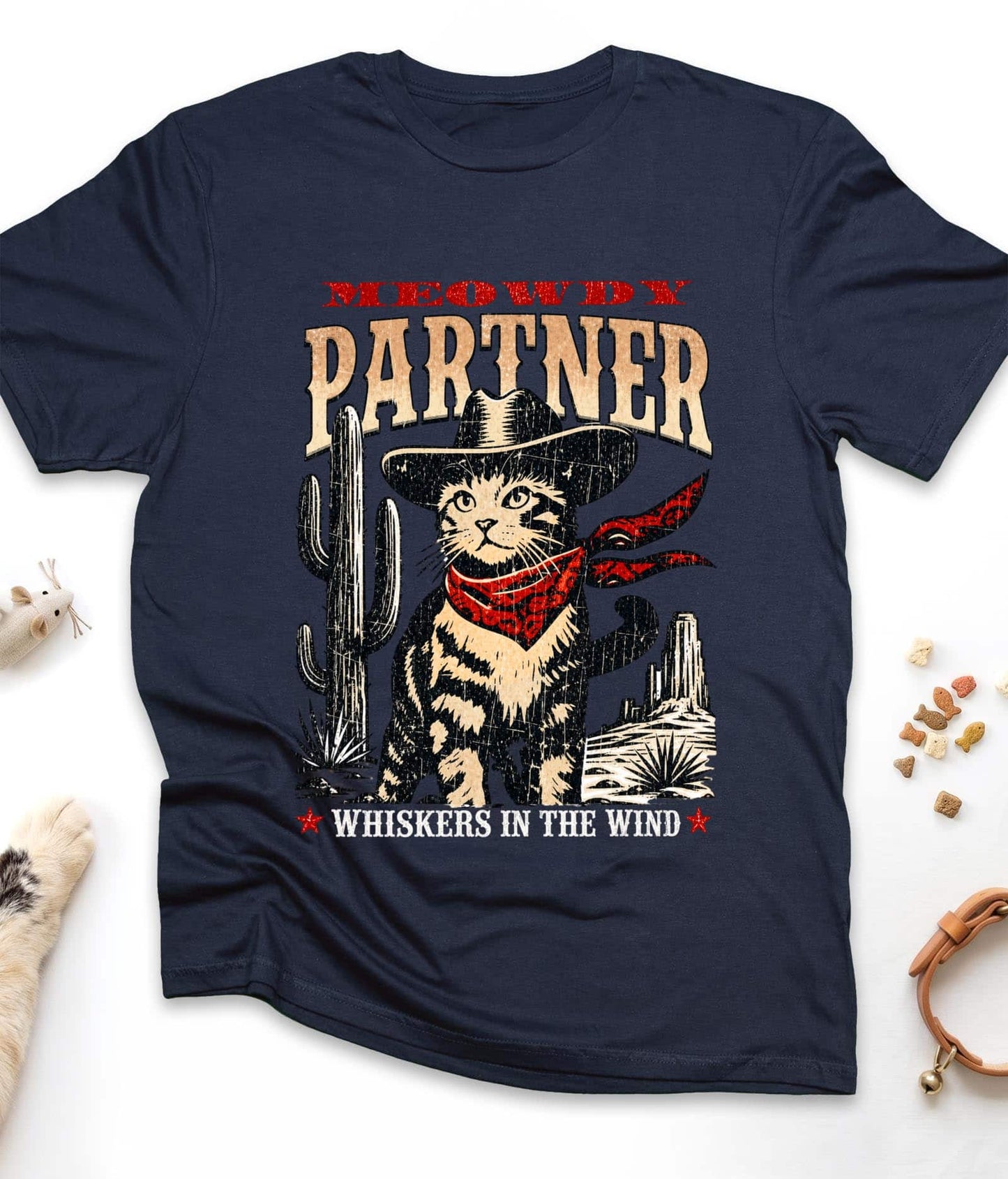 Navy funny cat t-shirt with "Meowdy Partner" design, front view