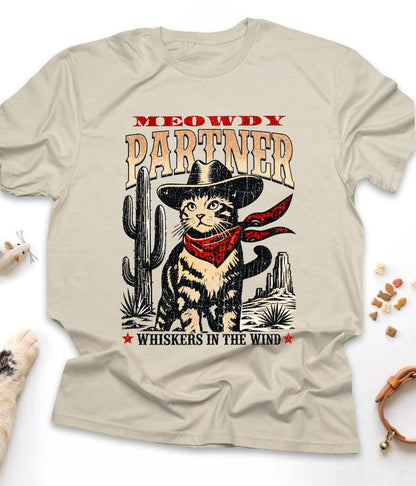 Sand funny cat t-shirt with "Meowdy Partner" design, front view