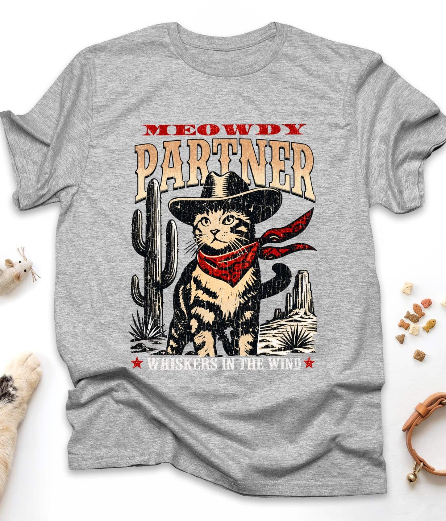Sport Grey funny cat t-shirt with "Meowdy Partner" design, front view
