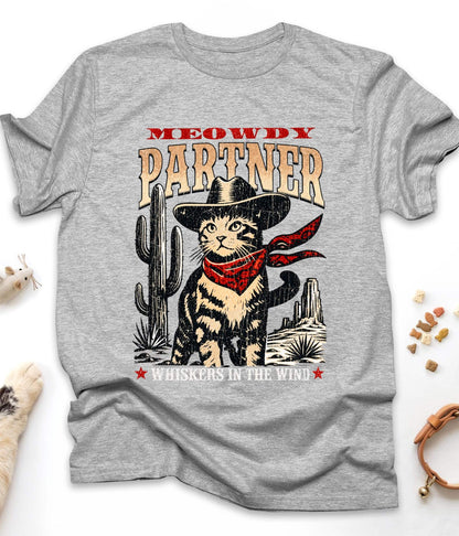 Sport Grey funny cat t-shirt with "Meowdy Partner" design, front view