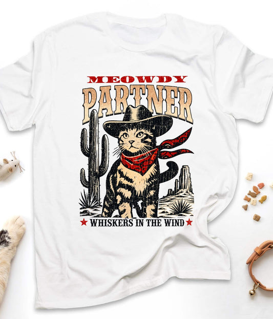 White funny cat t-shirt with "Meowdy Partner" design, front view
