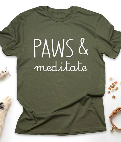 Military Green funny cat t-shirt with "Paws & Meditate" design, flat lay top view
