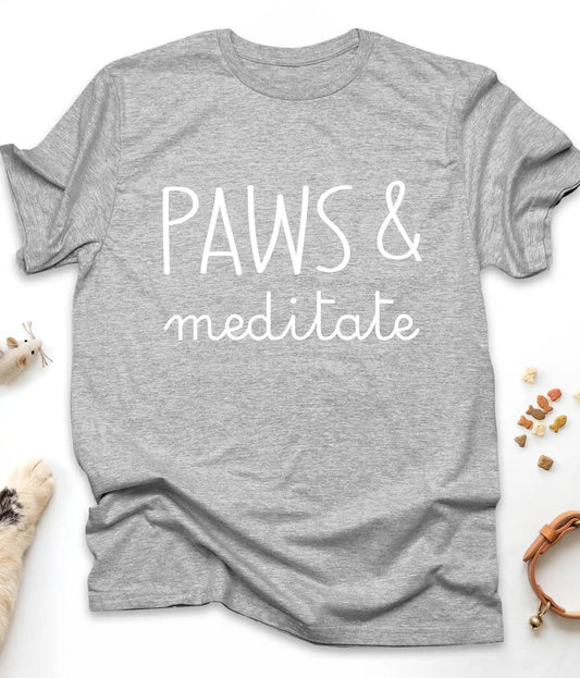 Sport Grey funny cat t-shirt with "Paws & Meditate" design, flat lay top view