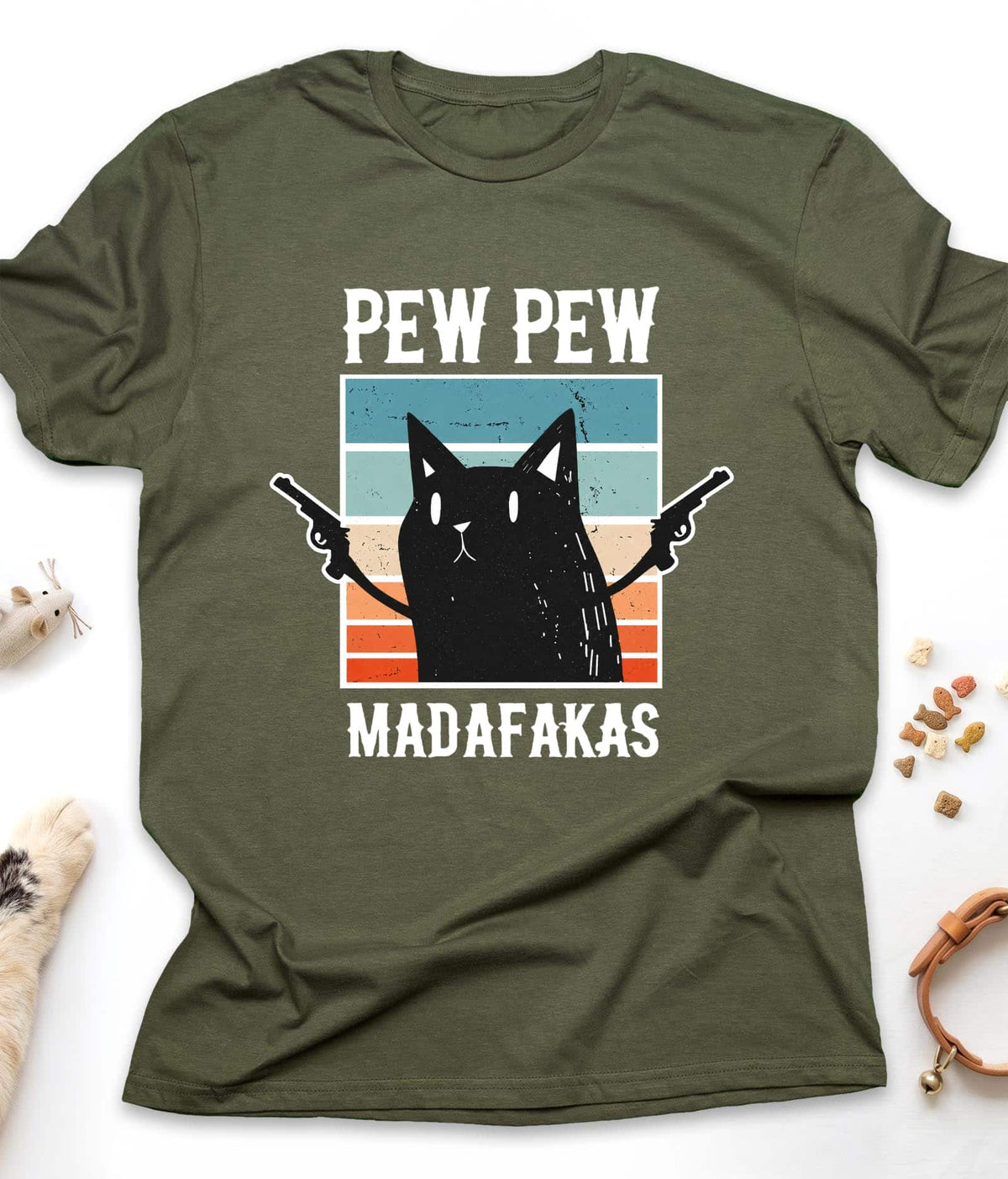 Military Green funny cat t-shirt with "Pew Pew Madafakas" design, front view