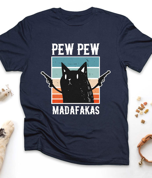 Navy funny cat t-shirt with "Pew Pew Madafakas" design, front view