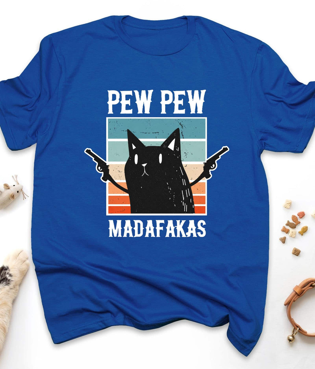 Royal funny cat t-shirt with "Pew Pew Madafakas" design, front view