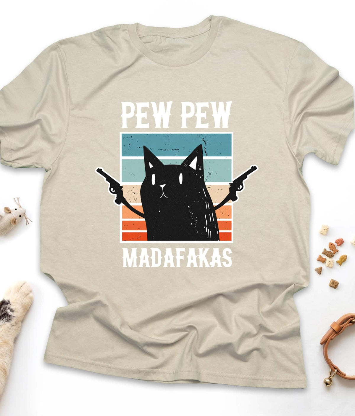 Sand funny cat t-shirt with "Pew Pew Madafakas" design, front view