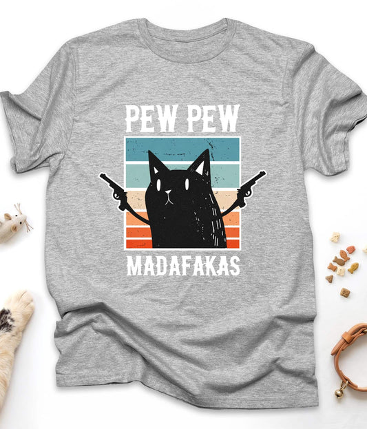 Sport Grey funny cat t-shirt with "Pew Pew Madafakas" design, front view