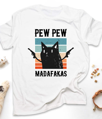 White funny cat t-shirt with "Pew Pew Madafakas" design, front view