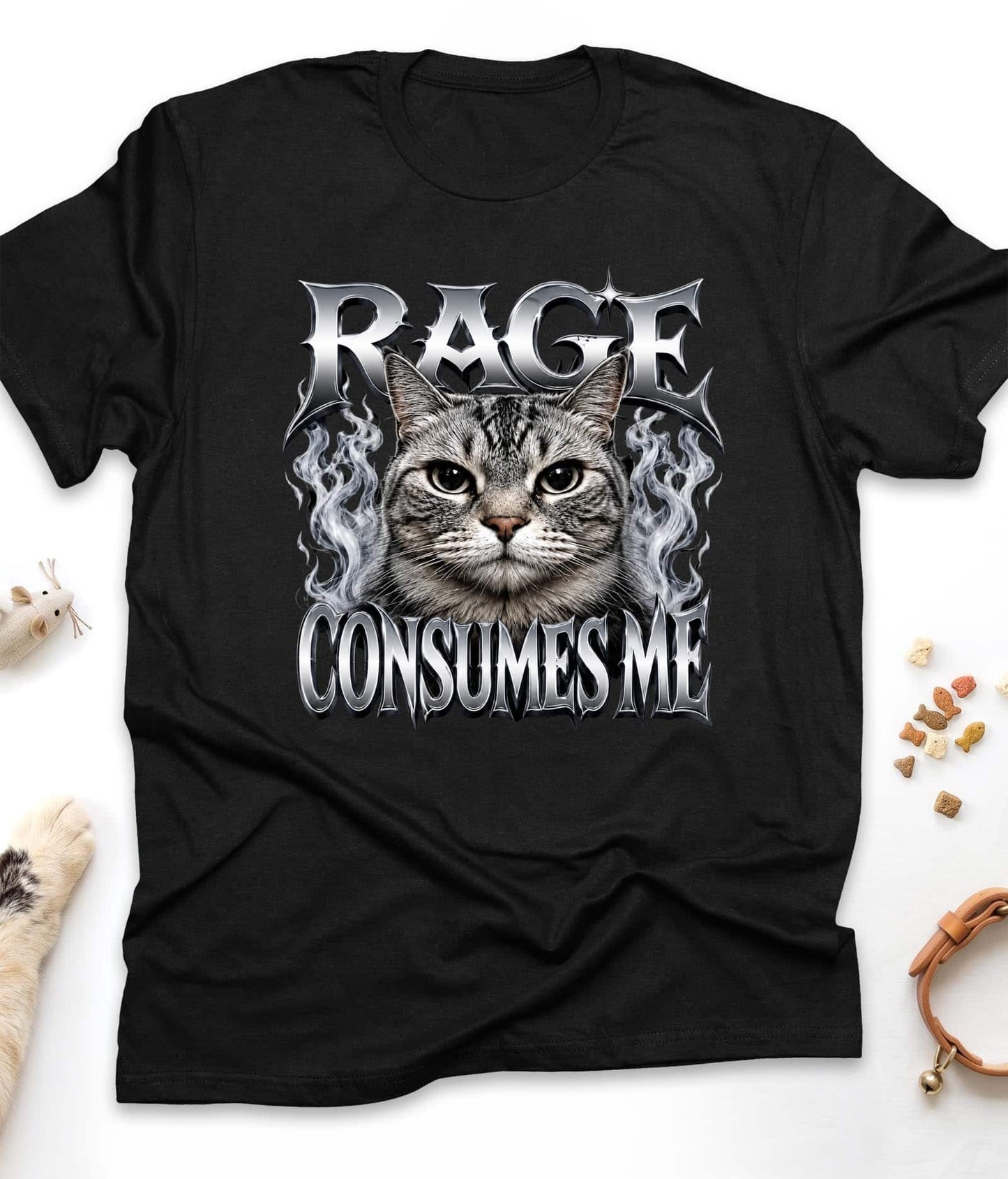Black funny cat t-shirt with "Rage Consumes Me" design, front view