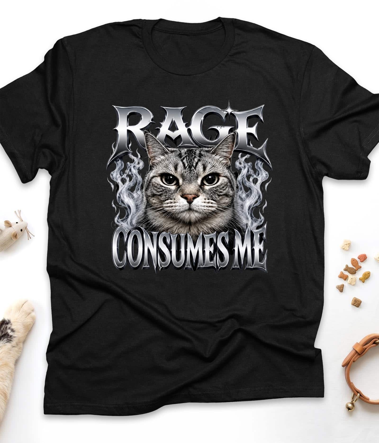 Black funny cat t-shirt with "Rage Consumes Me" design, front view