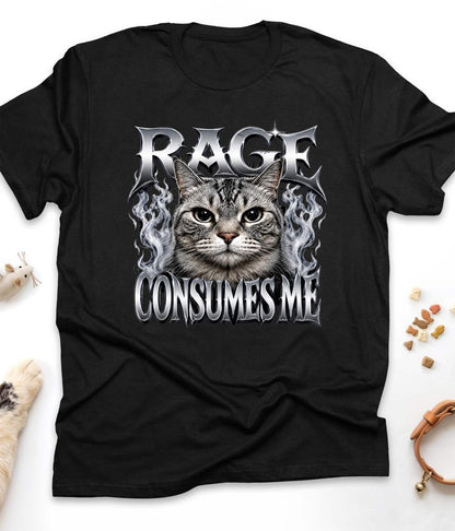 Black funny cat t-shirt with "Rage Consumes Me" design, front view