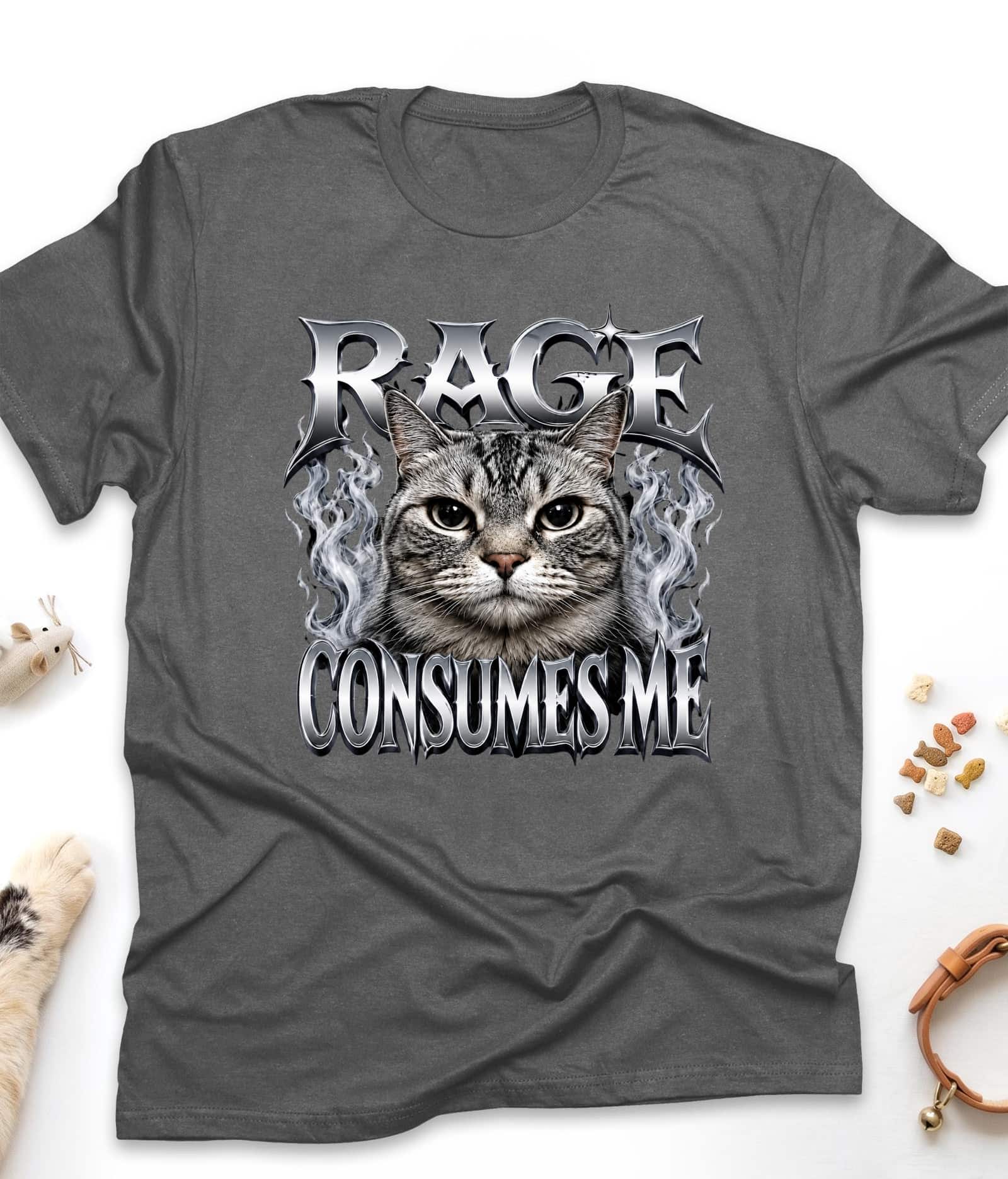 Dark Heather funny cat t-shirt with "Rage Consumes Me" design, front view
