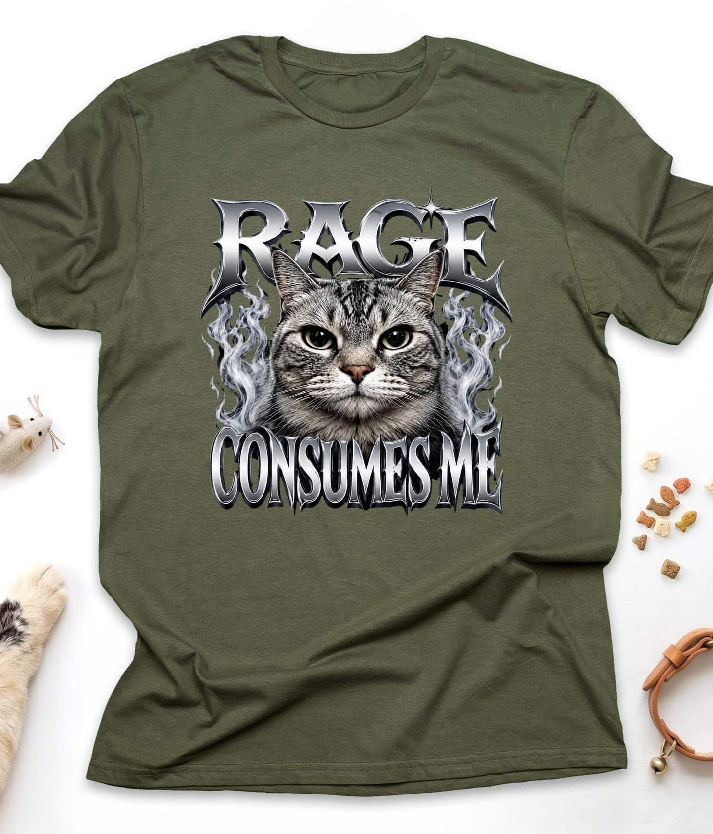 Military Green funny cat t-shirt with "Rage Consumes Me" design, front view