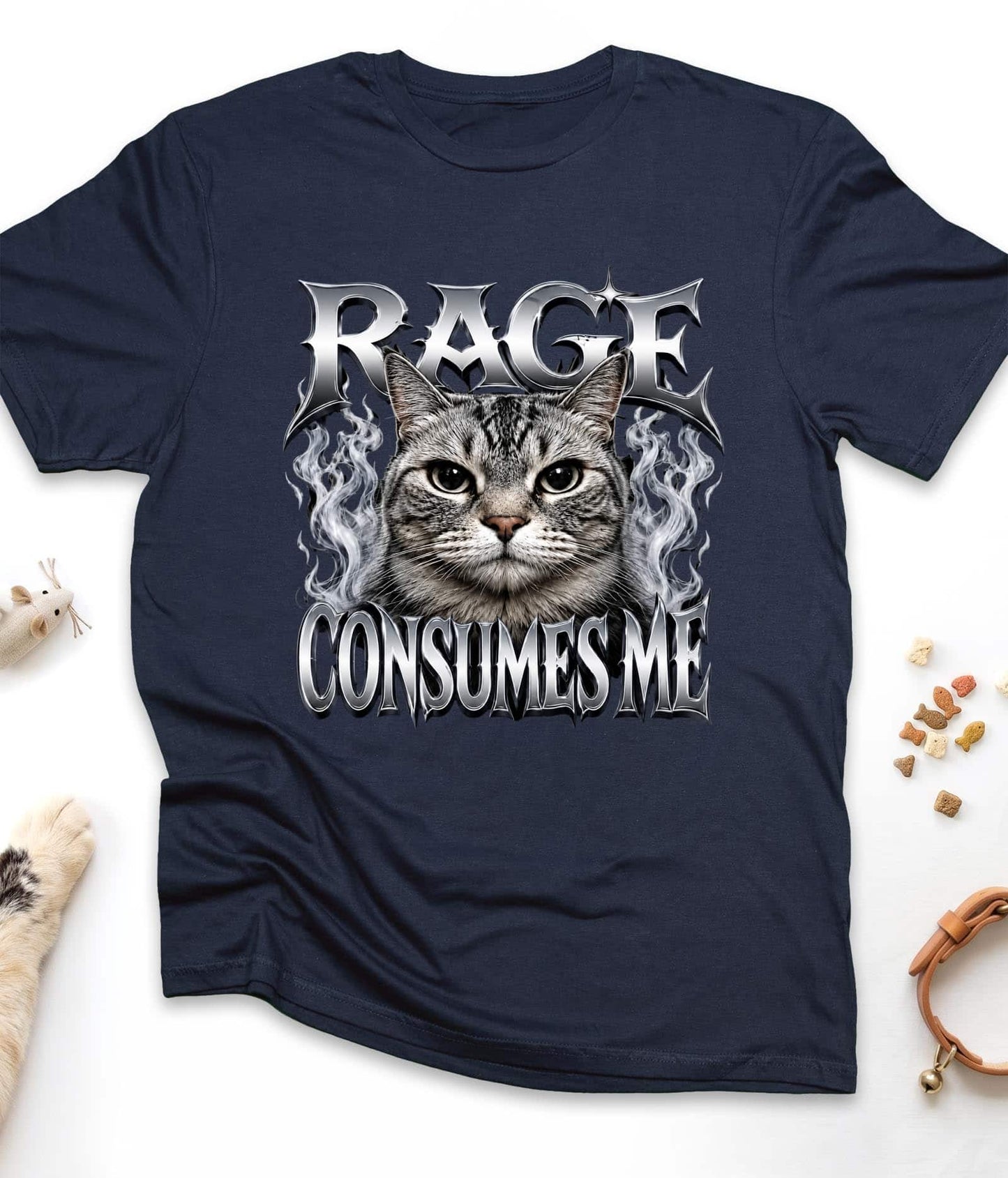 Navy funny cat t-shirt with "Rage Consumes Me" design, front view