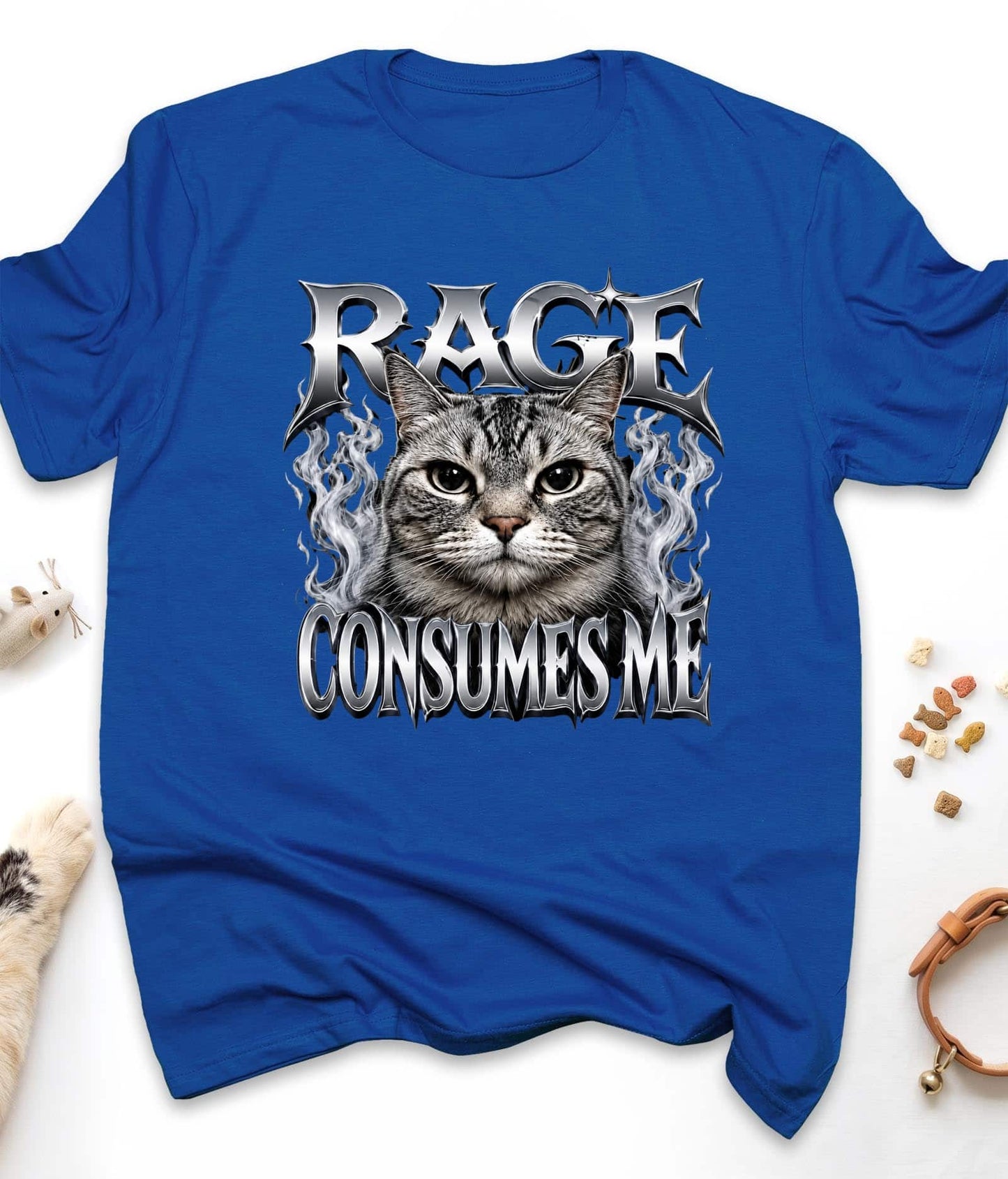 Royal funny cat t-shirt with "Rage Consumes Me" design, front view