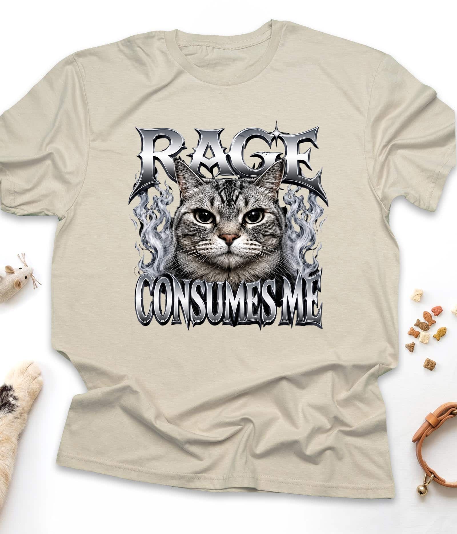 Sand funny cat t-shirt with "Rage Consumes Me" design, front view