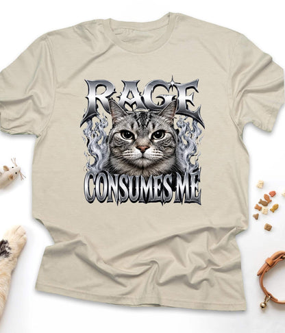 Sand funny cat t-shirt with "Rage Consumes Me" design, front view