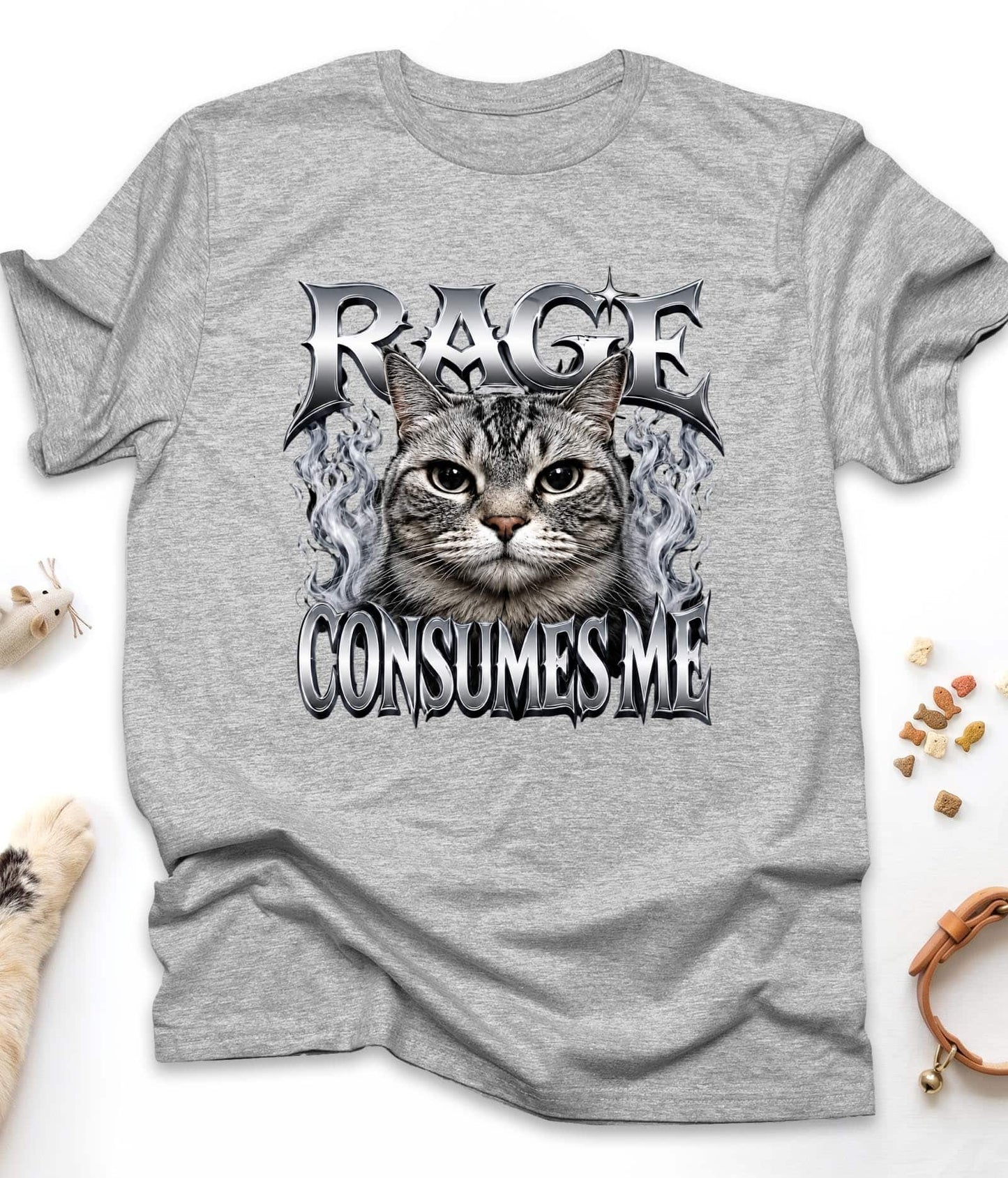 Sport Grey funny cat t-shirt with "Rage Consumes Me" design, front view