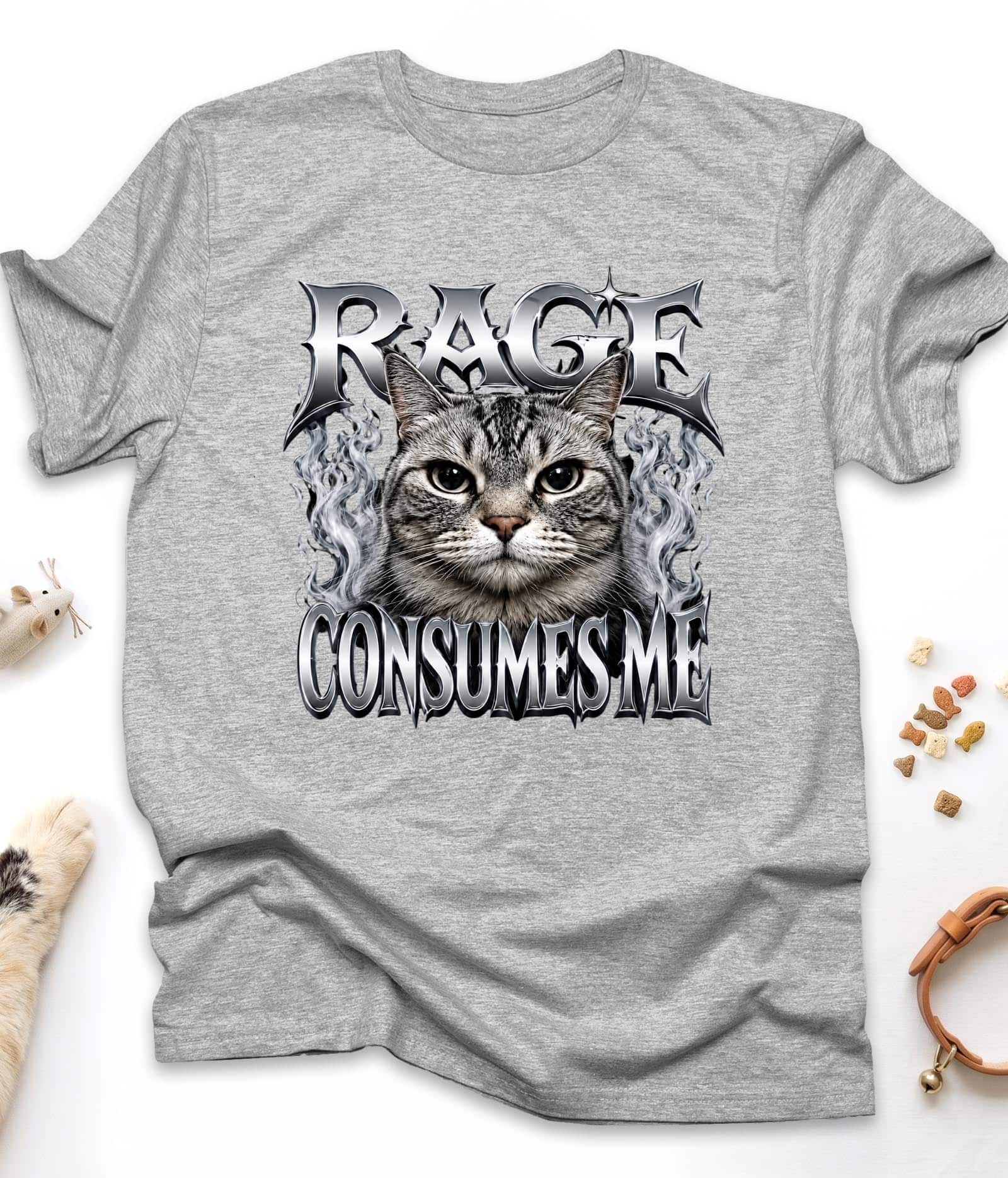 Sport Grey funny cat t-shirt with "Rage Consumes Me" design, front view