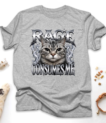 Sport Grey funny cat t-shirt with "Rage Consumes Me" design, front view