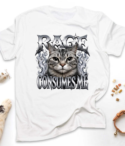 White funny cat t-shirt with "Rage Consumes Me" design, front view