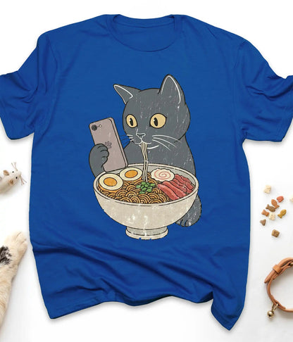 Royal funny cat t-shirt with a cat slurping ramen noodles, flat lay top view