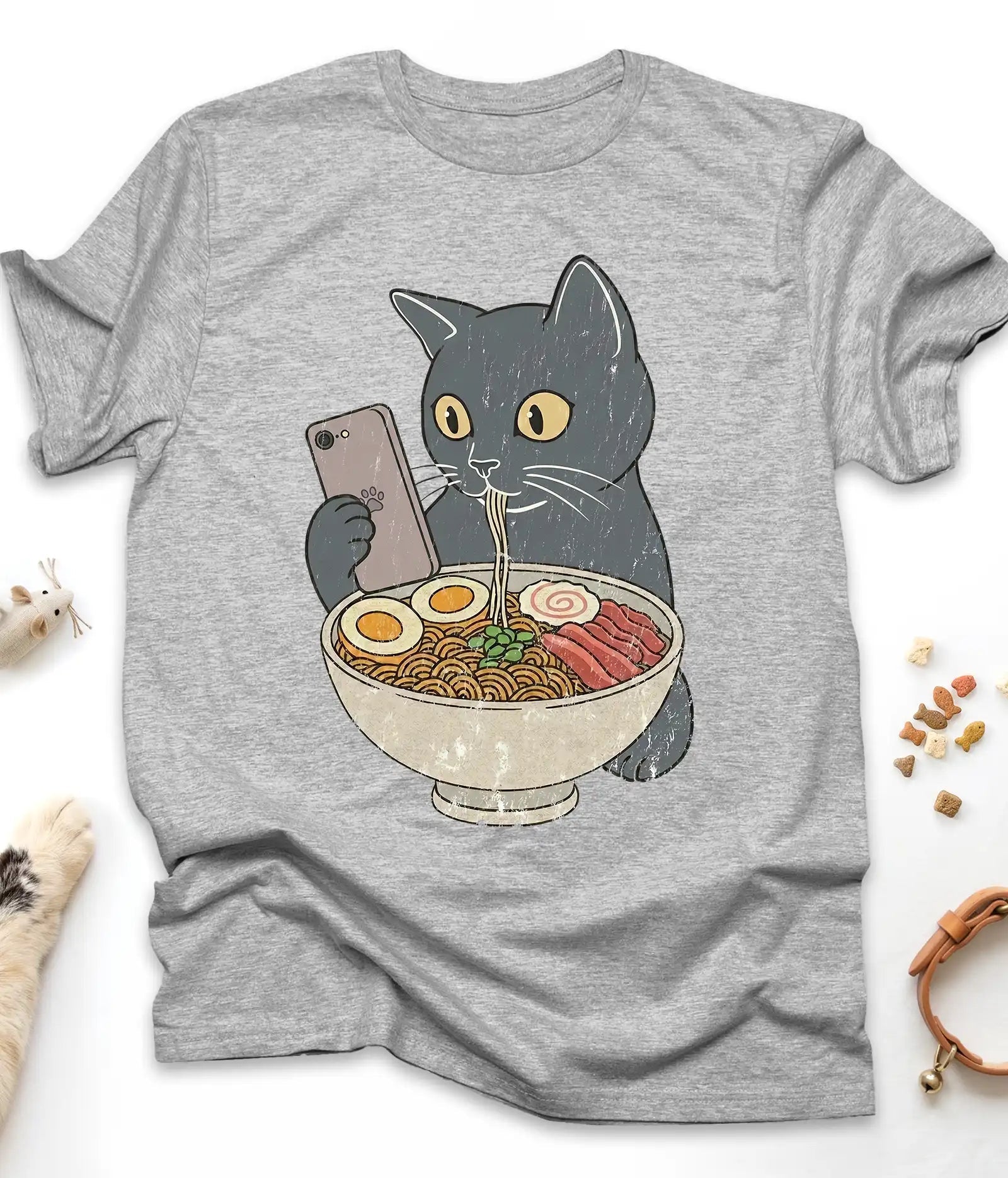 Sport Grey funny cat t-shirt with a cat slurping ramen noodles, flat lay top view