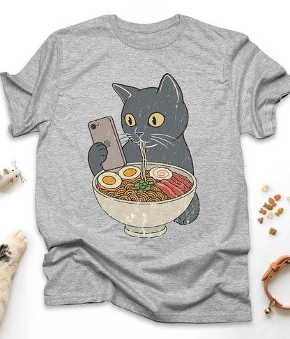 Sport Grey funny cat t-shirt with a cat slurping ramen noodles, flat lay top view