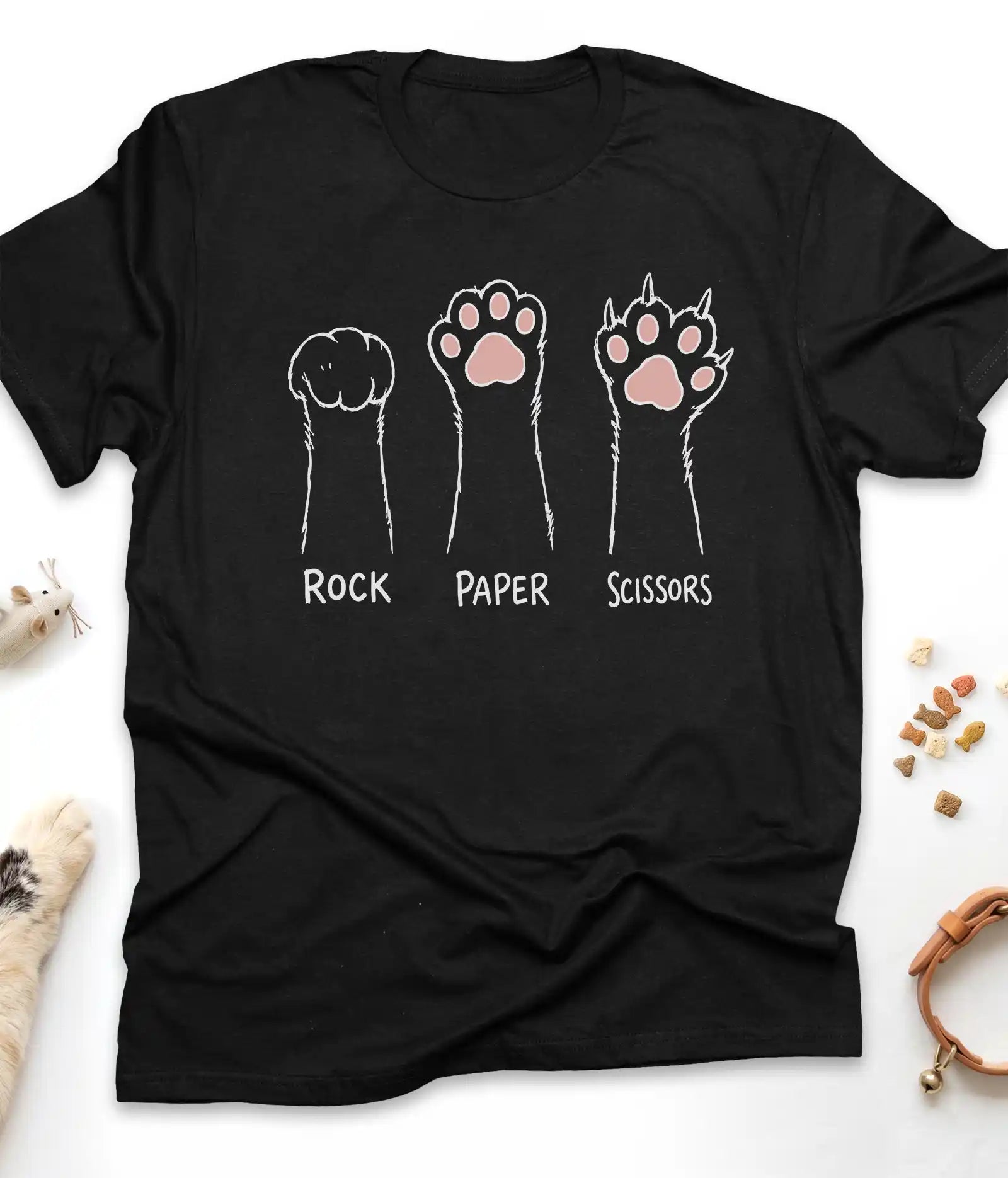 Black funny cat t-shirt with cat paws "Rock Paper Scissors" design, flat lay top view