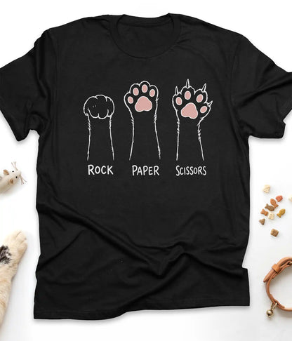 Black funny cat t-shirt with cat paws "Rock Paper Scissors" design, flat lay top view