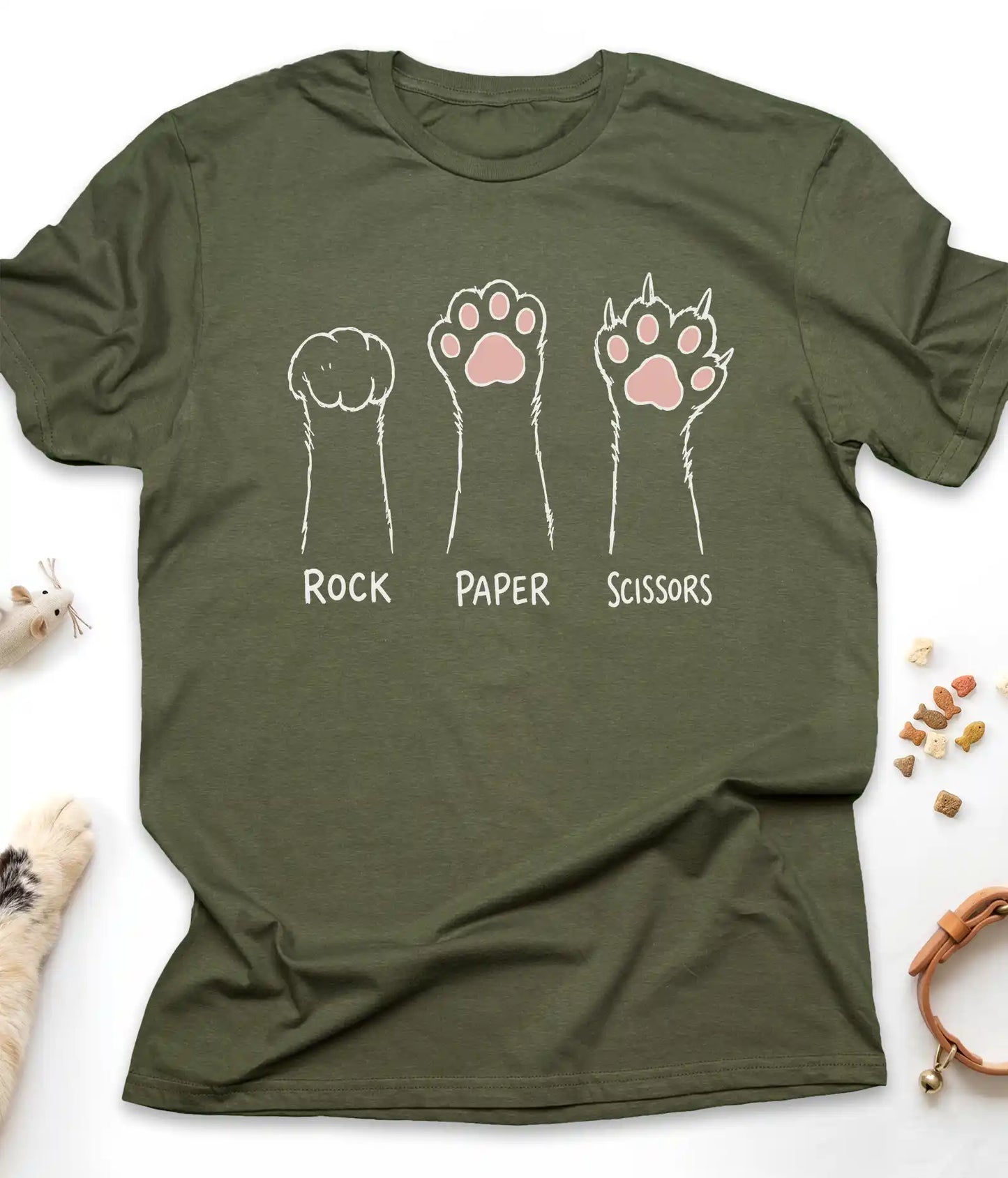 Military Green funny cat t-shirt with cat paws "Rock Paper Scissors" design, flat lay top view