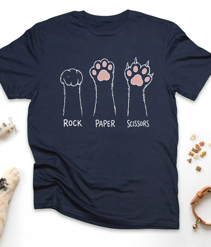 Navy funny cat t-shirt with cat paws "Rock Paper Scissors" design, flat lay top view