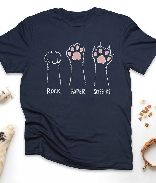 Navy funny cat t-shirt with cat paws "Rock Paper Scissors" design, flat lay top view