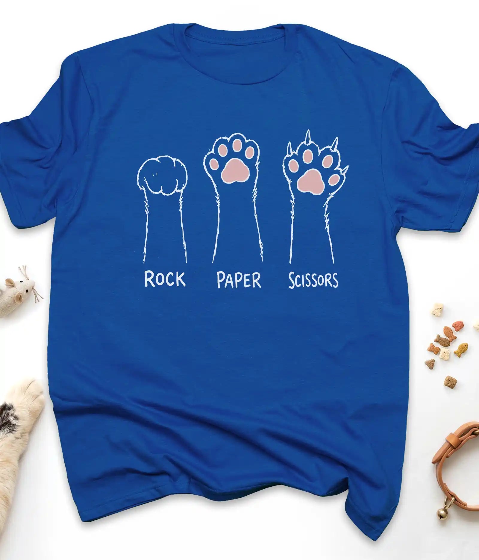 Royal funny cat t-shirt with cat paws "Rock Paper Scissors" design, flat lay top view
