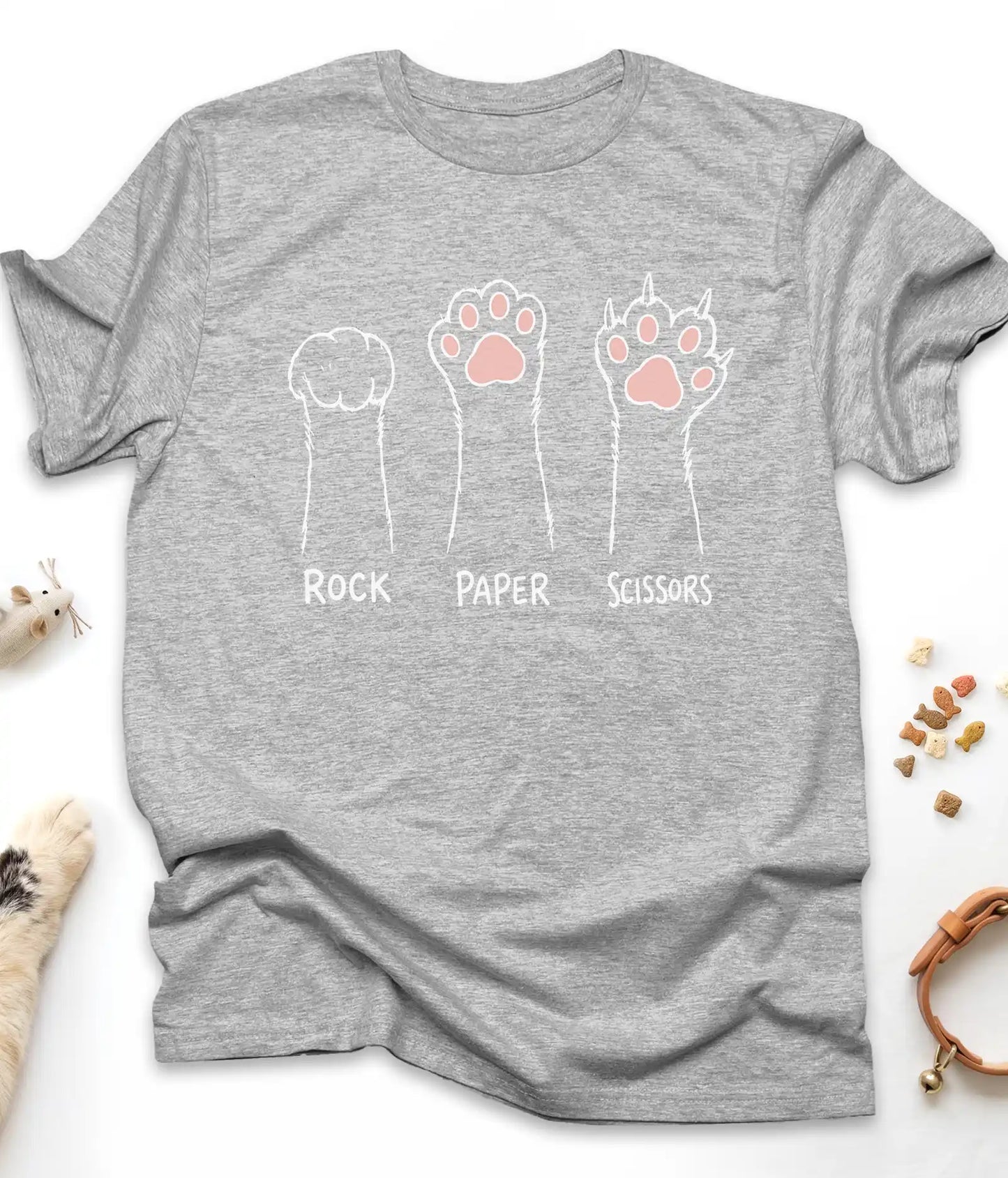 Sport Grey funny cat t-shirt with cat paws "Rock Paper Scissors" design, flat lay top view