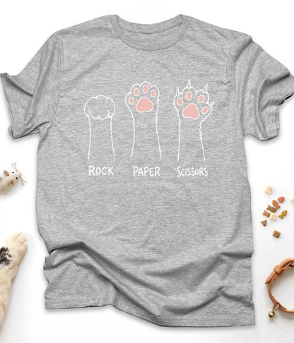 Sport Grey funny cat t-shirt with cat paws "Rock Paper Scissors" design, flat lay top view