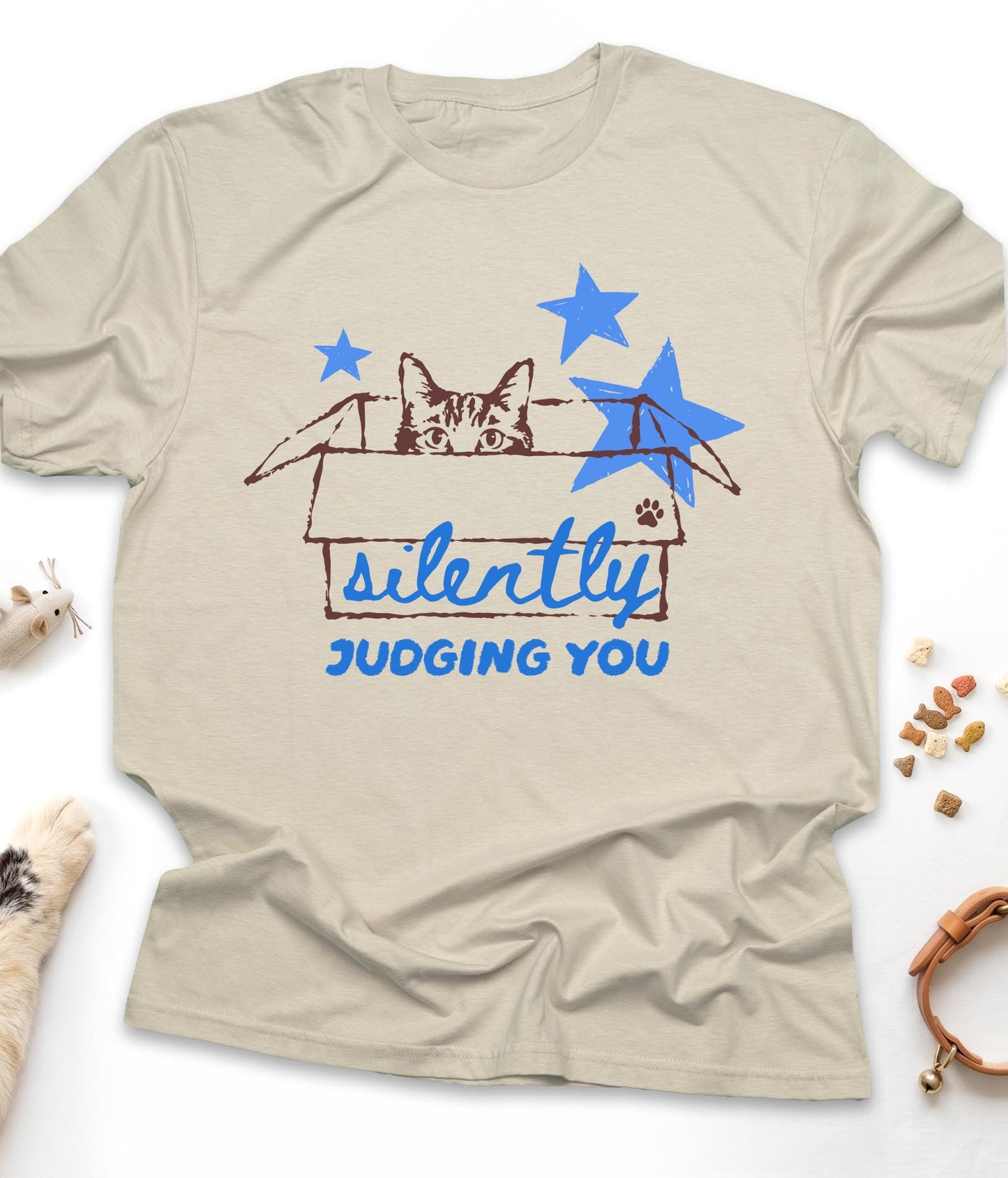 Sand funny cat t-shirt with "Silently Judging You" design, front view