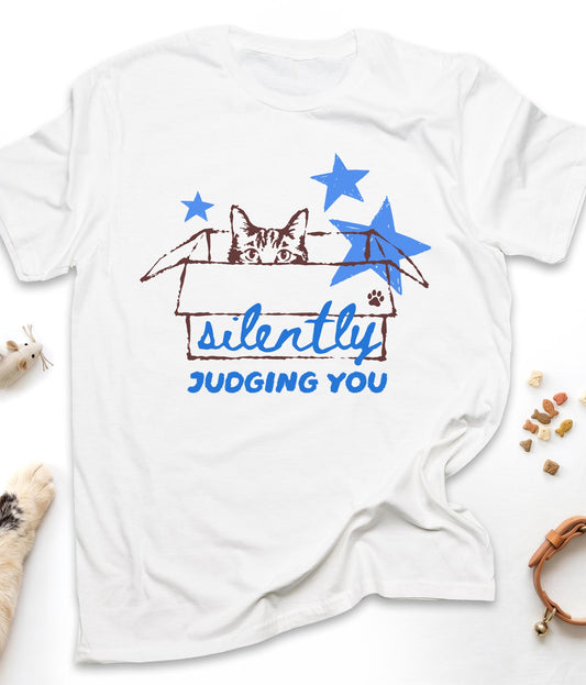 White funny cat t-shirt with "Silently Judging You" design, front view