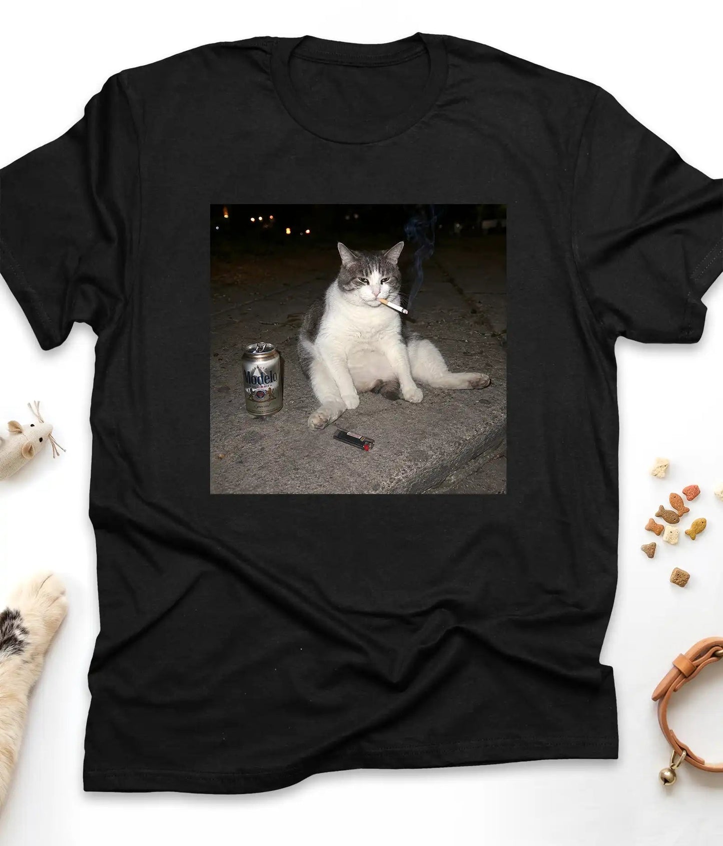 Black funny cat t-shirt with the smoking cat meme, flat lay top view