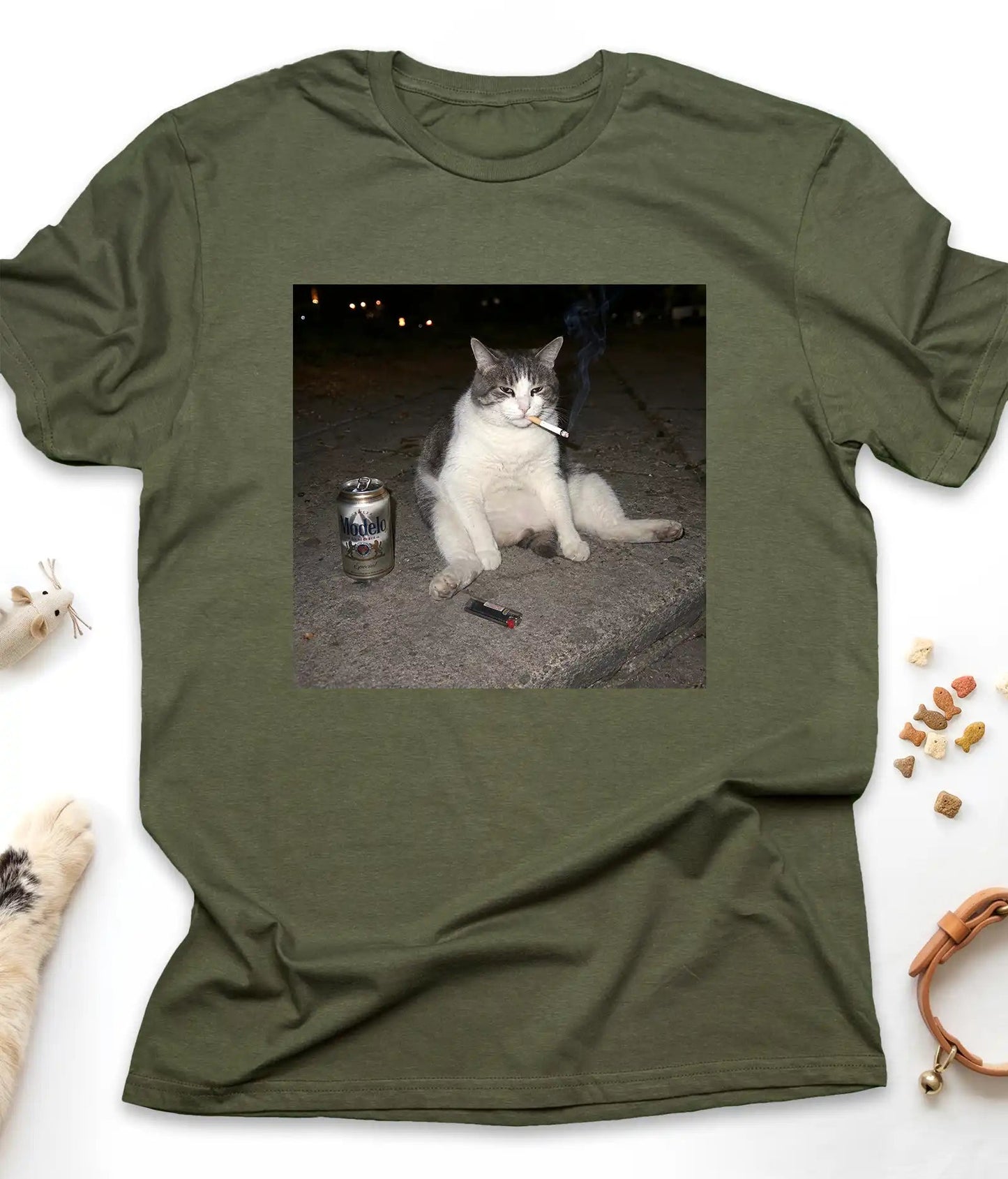 Military Green funny cat t-shirt with the smoking cat meme, flat lay top view