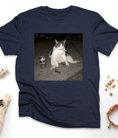 Navy funny cat t-shirt with the smoking cat meme, flat lay top view