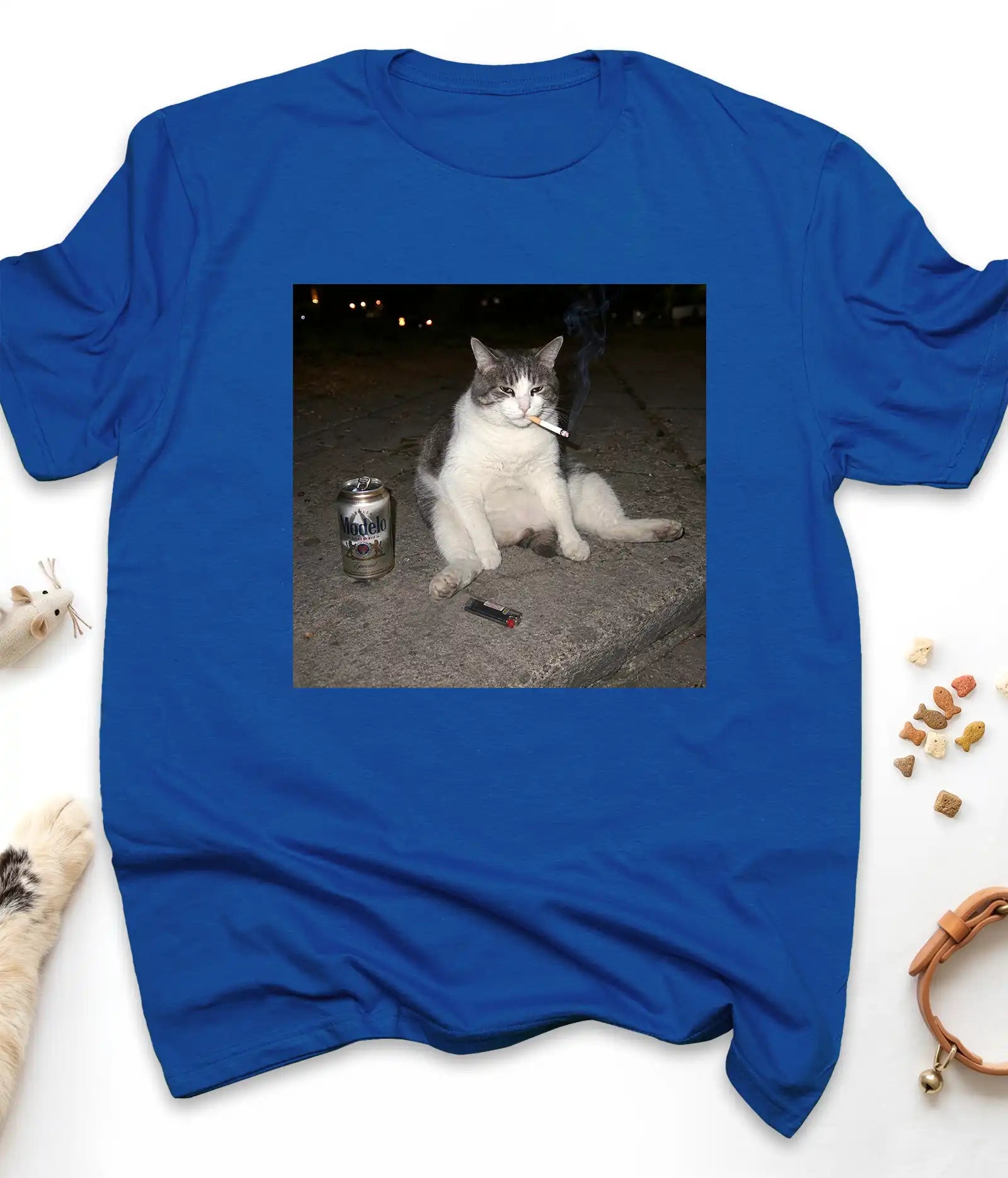 Royal funny cat t-shirt with the smoking cat meme, flat lay top view
