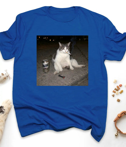 Royal funny cat t-shirt with the smoking cat meme, flat lay top view