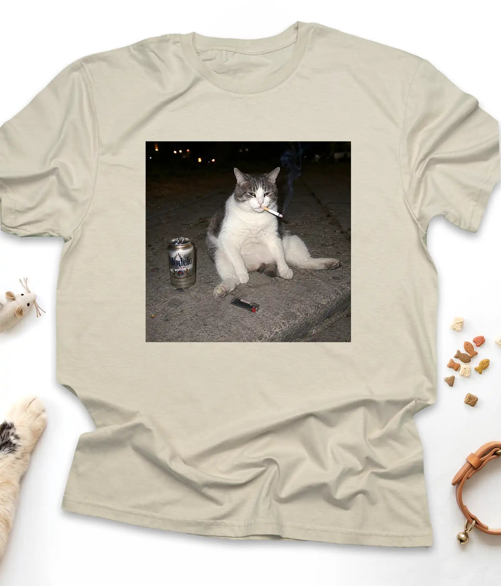 Sand funny cat t-shirt with the smoking cat meme, flat lay top view