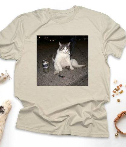 Sand funny cat t-shirt with the smoking cat meme, flat lay top view