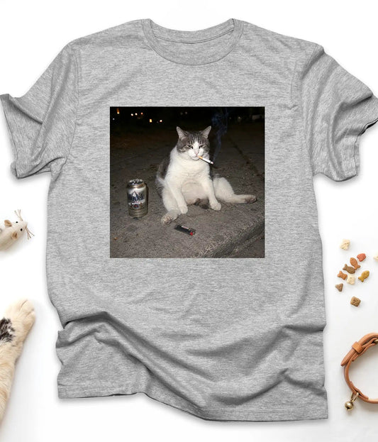 Sport Grey funny cat t-shirt with the smoking cat meme, flat lay top view